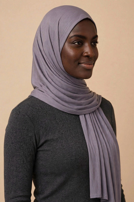 Model wearing the Taro ribbed jersey hijab styled with a charcoal top - Concealed Muslimah