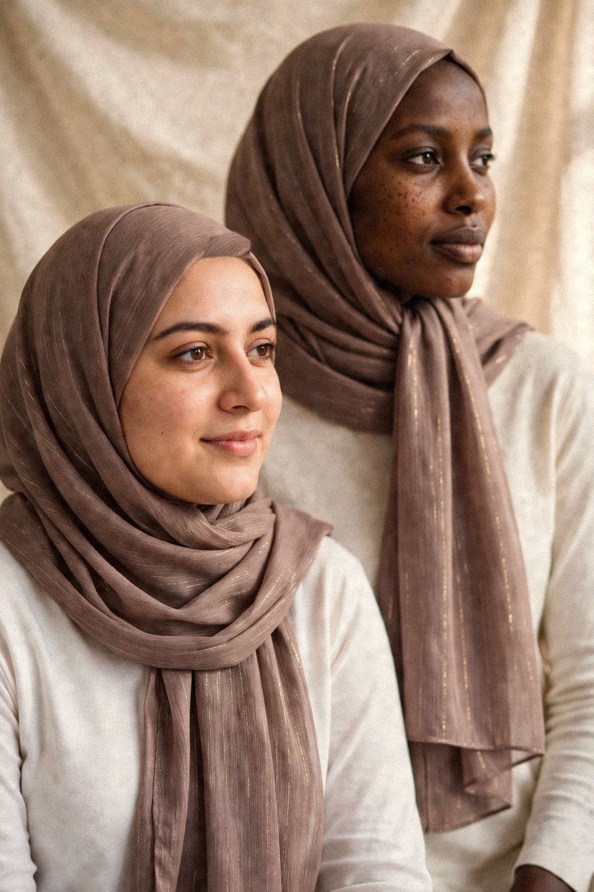 Models wearing the Taupe timeless edition hijab styled with white tops - Concealed Muslimah