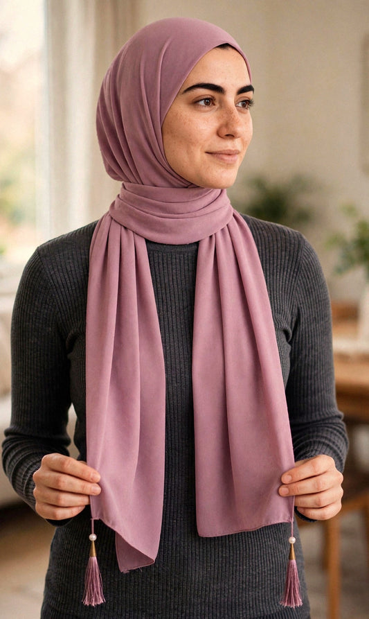 Model wearing the Tea Pink cleopatra hijab styled with a charcoal top - Concealed Muslimah
