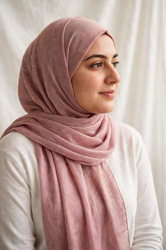 Model wearing the Tea Pink timeless edition hijab styled with a white top - Concealed Muslimah