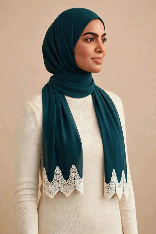 Teal Green Lace Edge Hijab on model
