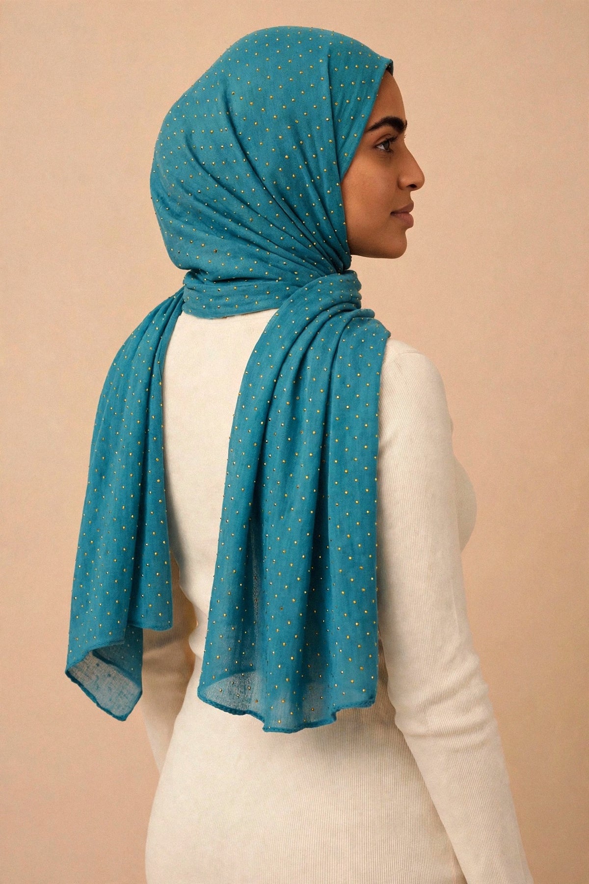 Teal - Opera Hijab worn by a model — shoulder drape view