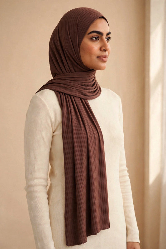 Model wearing the Timber Wood ribbed jersey hijab styled with a cream top - Concealed Muslimah