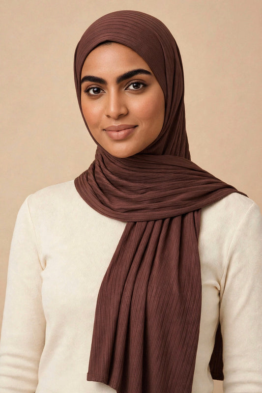 Model wearing the Timber Wood ribbed jersey hijab styled with a cream top - Concealed Muslimah