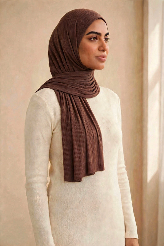 Model wearing the Timber Wood ribbed jersey hijab styled with a cream top - Concealed Muslimah