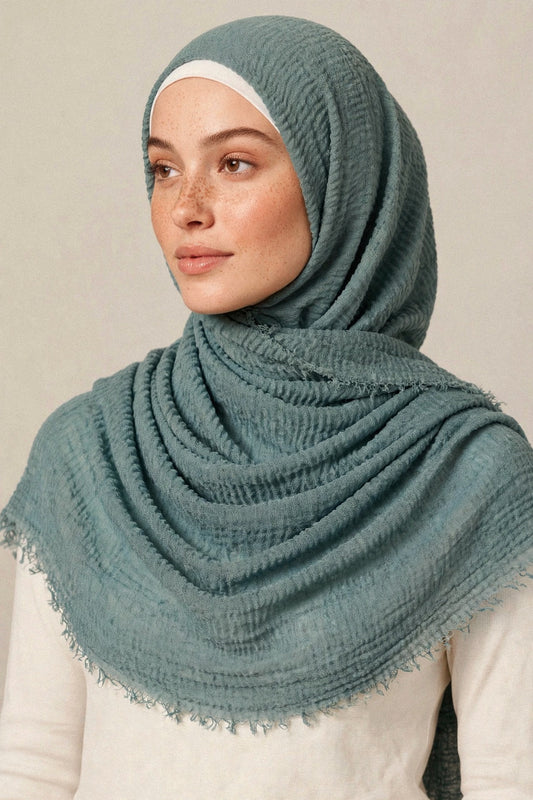 Model wearing the Turquoise crimple hijab - Concealed Muslimah