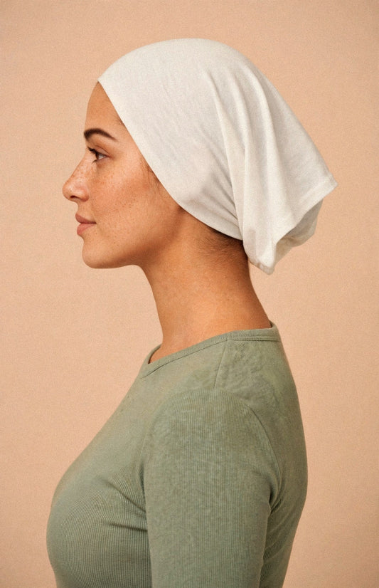 White - Barely On Underscarf worn by a model — side view