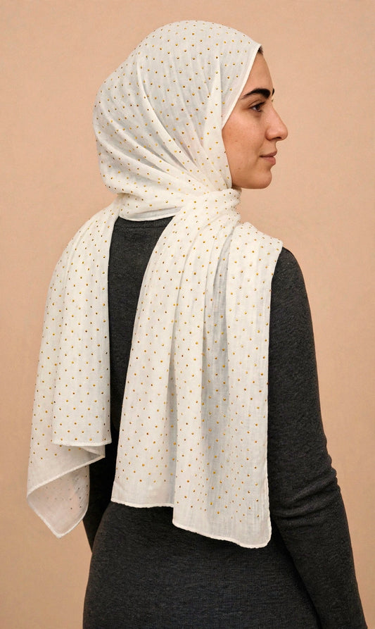 White - Opera Hijab worn by a model — shoulder drape view