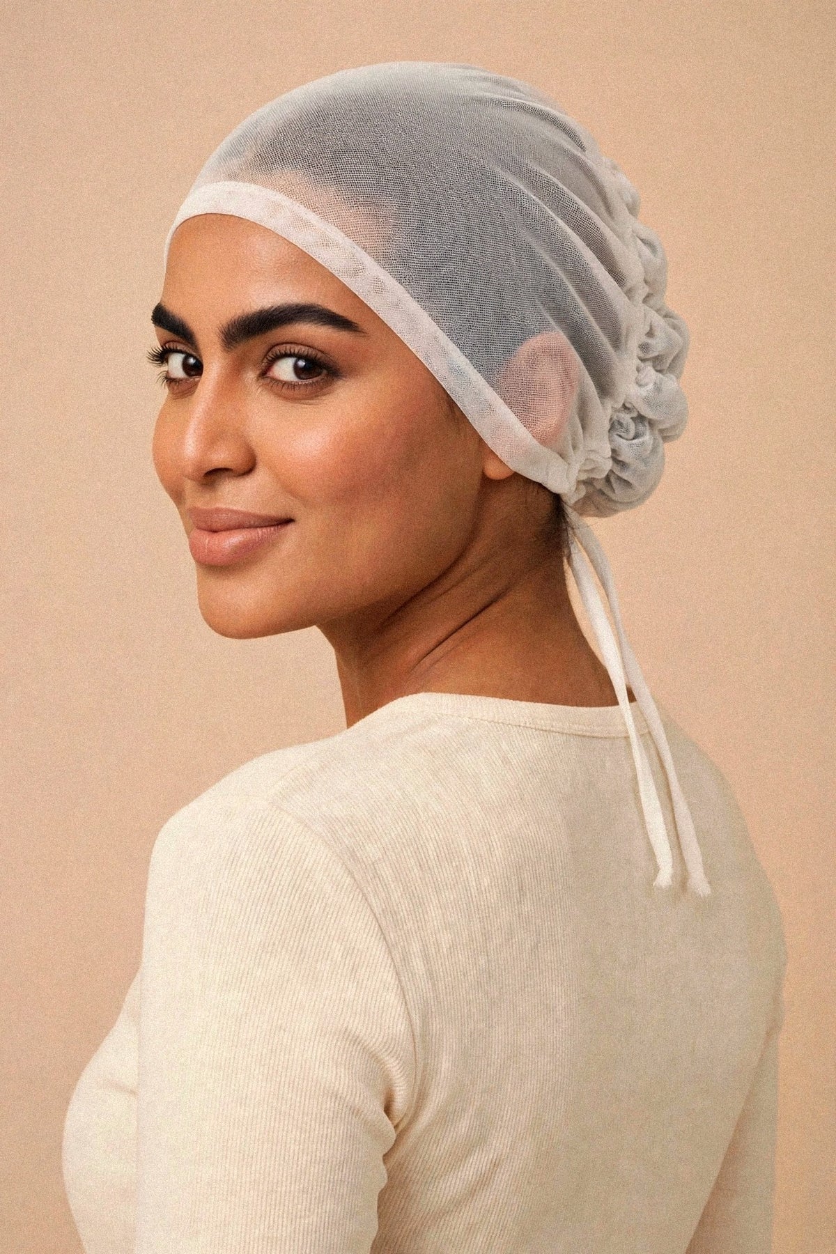 Model wearing the White - Zero Feel Underscarf — back view, different skin tone
