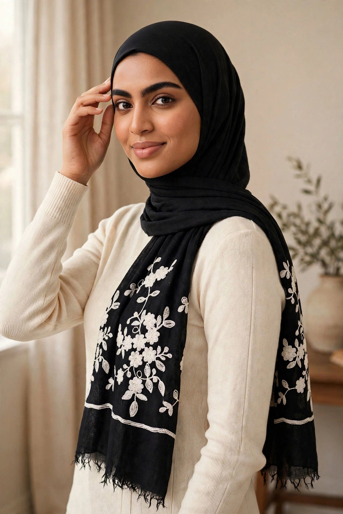 Model wearing the Wildflower hijab — black viscose with white floral embroidery on both ends — lifestyle view